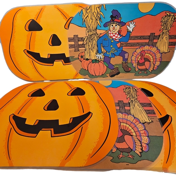 Vintage 1991 Halloween Pumpkin/Scarecrow Reversible Placemats Set of 5 - Picture 1 of 11